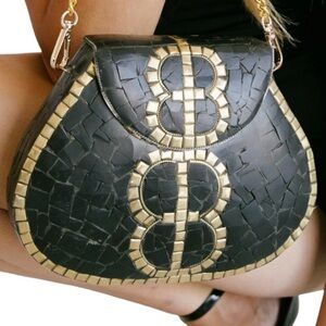RAMLA Porte-Moi Handmade Moroccan Mosaic Tile Bag in Black with Gold Accents NEW